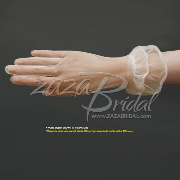 Gorgeous Sheer Gloves with Double Ruffle Cuff Slip-on Wrist Length 2BL - Picture 3 of 3